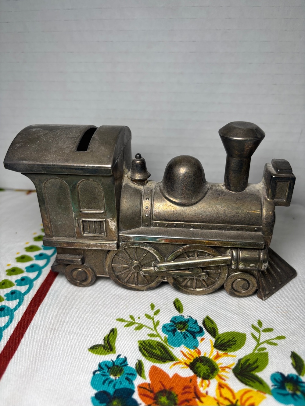 Vintage Silver-Tone Brass Coloured Train Engine Coin Bank Locomotive Baby